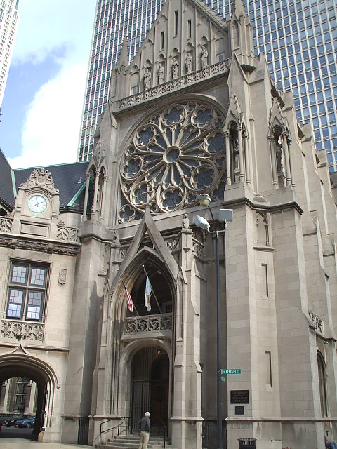 The Gothic Revival exterior of Archbishop Quigley Center